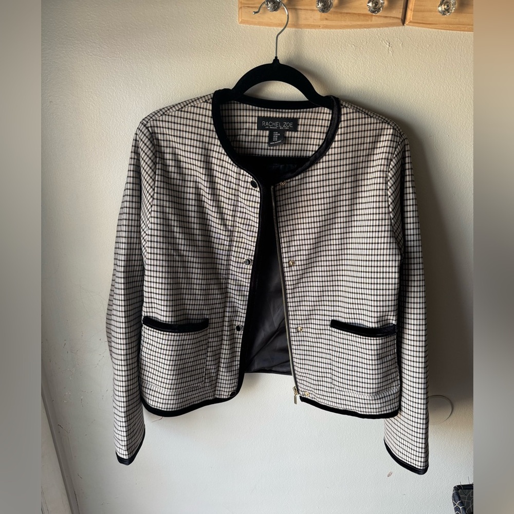 RACHEL ZOE Checkered Cropped Blazer - Velvet Trim & Gold Zipper - Size M
